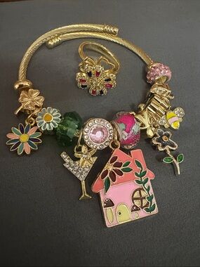 Gold-Tone Pink Enamel House Charm Bangle Bracelet & Ring set